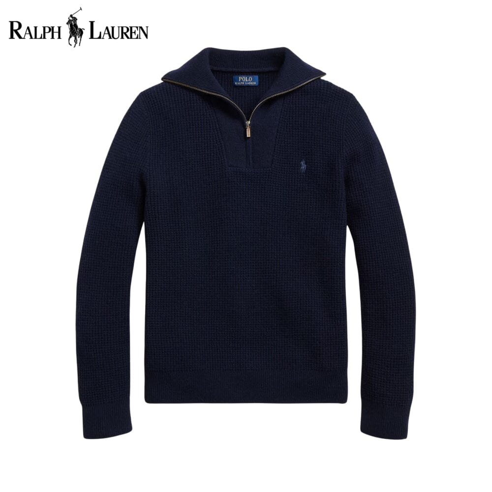 Pull en laine et coton gaufré R.L. à col montant zippé